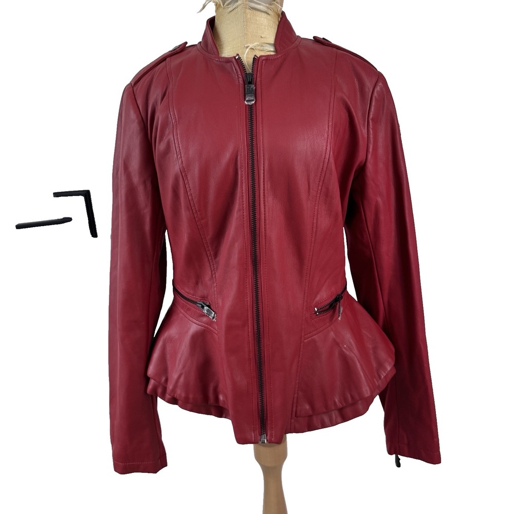 G.I.L.I. Moto Jacket Vegan Faux Leather Women Sz 4 Red Peplum Ruffle NWOT